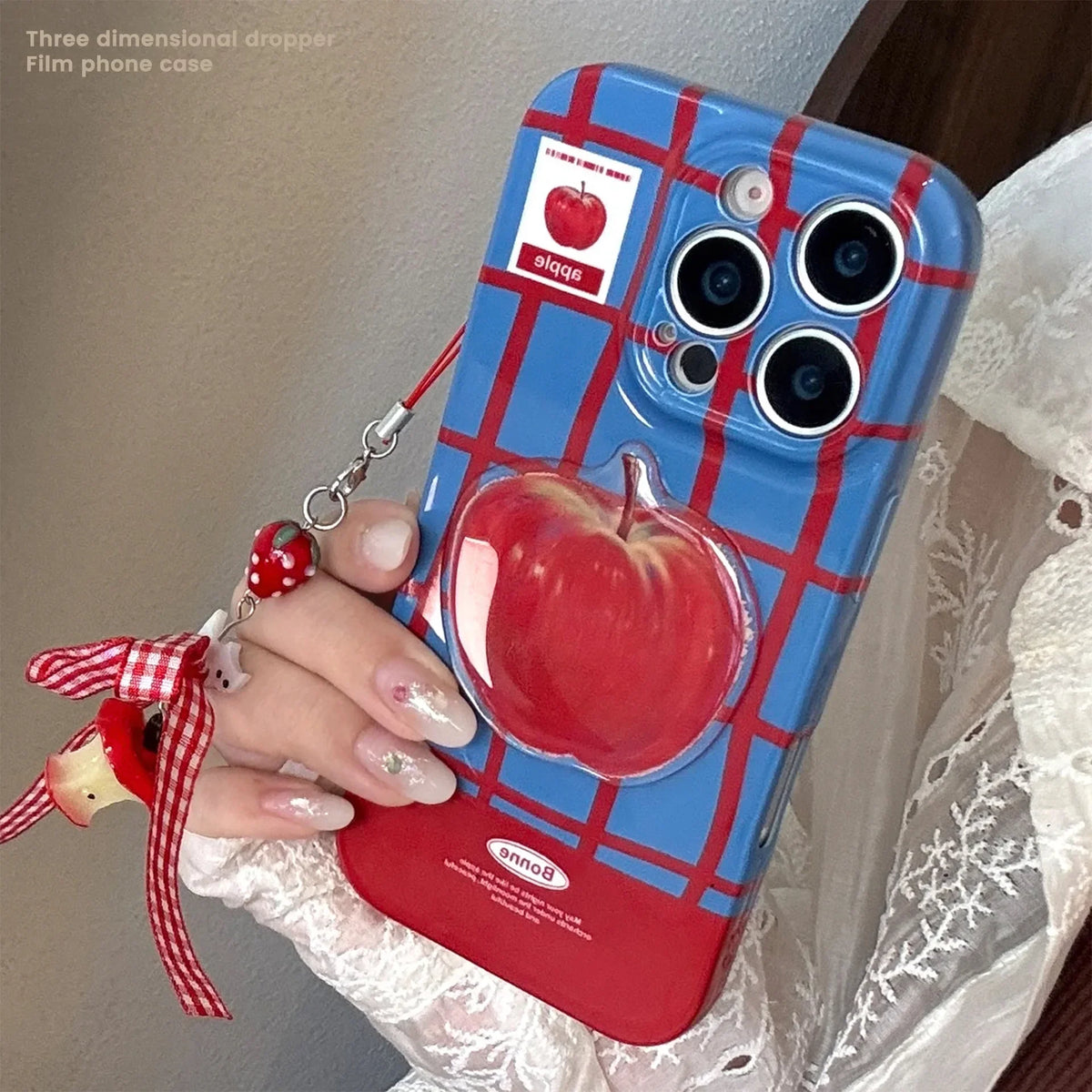 Koreanische Karierte 3D Rote Apfel Handyhülle mit Kette für iPhone 17 Air 16 15 14 13 12 11 Pro Max XS XR X 8 Plus Stoßfeste Hartschale