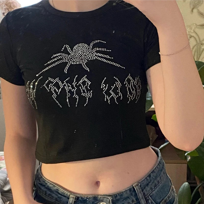 Spinne Strass Sommer Crop Tops Schwarz Y2k Streetwear Sexy Kurzarm Enge T-shirts Für Frauen Schlank Baby T 2000s Kleidung