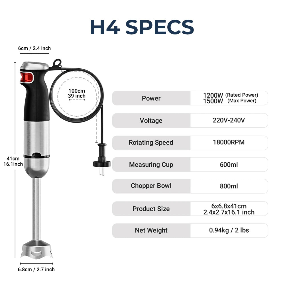 ROUNY 6-in-1 Stabmixer-Set, Max. 1500W Eintauch-Stabmixer mit Edelstahlklingen für die Heimküche