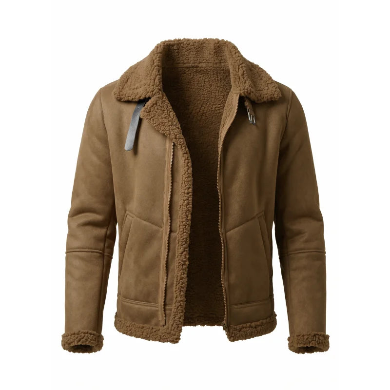 Herren-Winterjacke aus Kunstwildleder mit Fellkragen |   Winddichter Streetwear-Mantel mit Gürtel und Reißverschluss |   Dicke, warme Wanderkleidung für den Außenbereich, weich, für Herren
