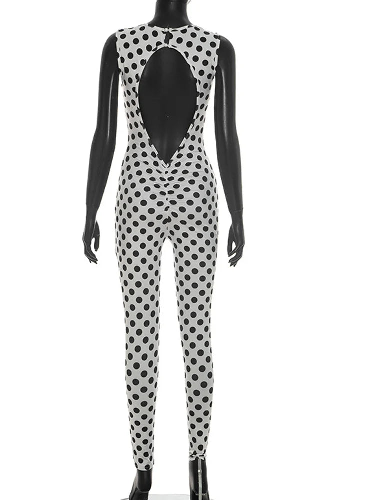 Bonnie Forest  Sexy Polka Dot Print Rückenfreier Jumpsuit Damen Sommer Ärmelloser Bodycon Romper Geraffter Einteiler Clubwear Outfits