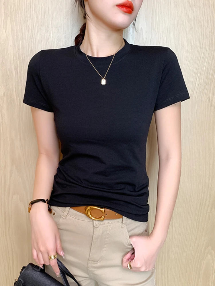Sommerliches Basic-Baumwoll-T-Shirt für Damen 2026 im koreanischen Stil, Damenbekleidung, Kurzarm-T-Shirts, O-Ausschnitt, einfarbige T-Shirts, lässige Oberteile, Mujer