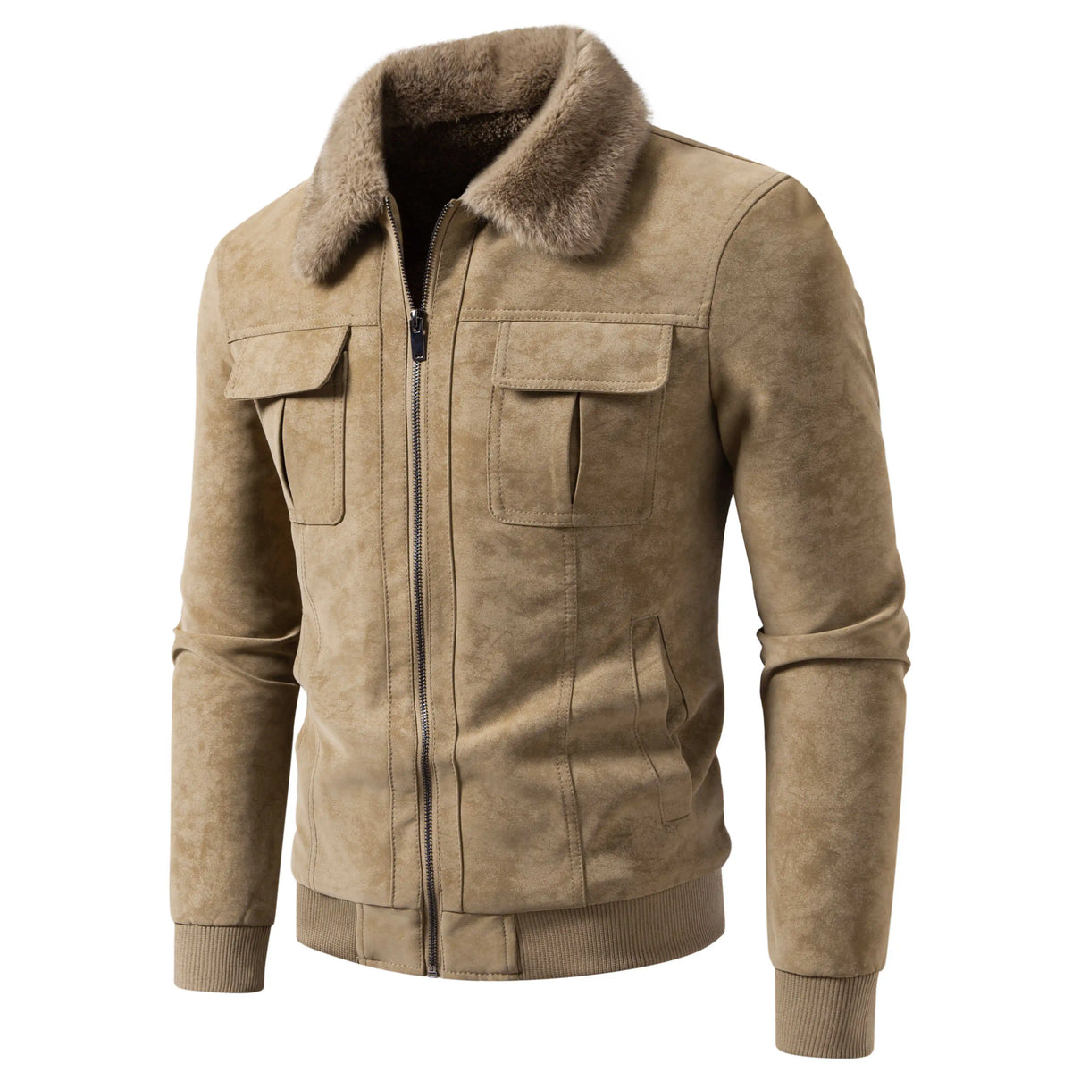 Herren-Jacke mit dickem Kunstfellkragen, warmes Plüschfutter, stilvolle Oberbekleidung, lässiger Pendler-Mantel für Herbst und Winter