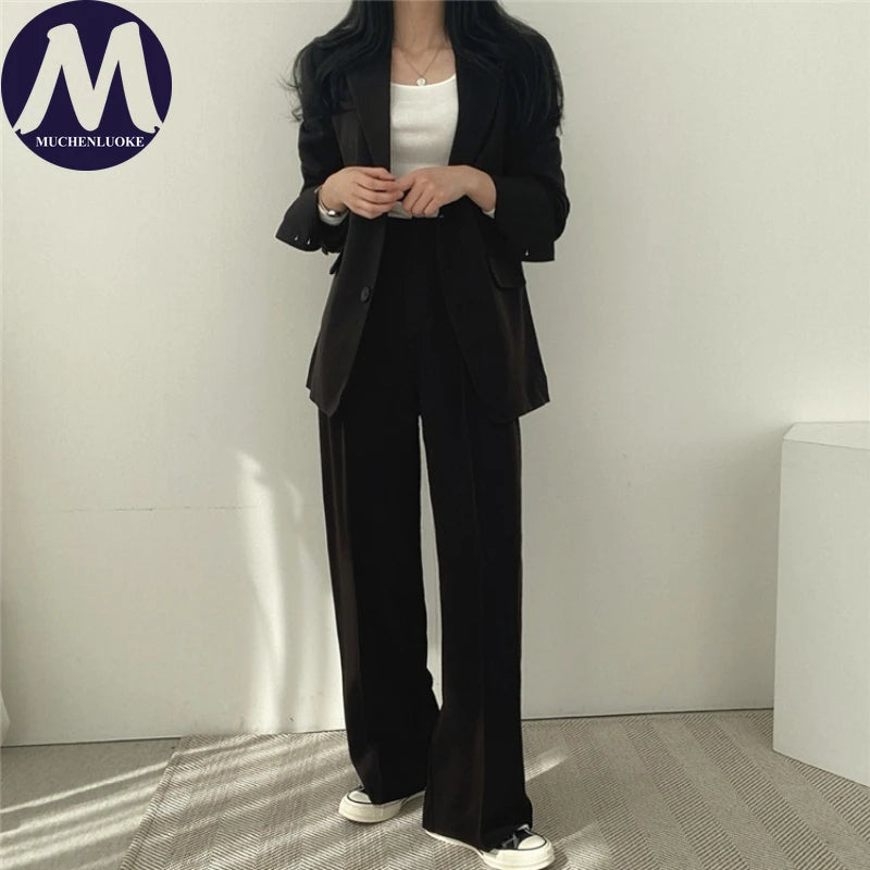 Koreanisches Damenmode-Zweiteiler-Set, Langarm-Blazer und weit geschnittene Hose, Büro, Freizeit, lockerer Schnitt, Frühling, Herbst, neuer Stil