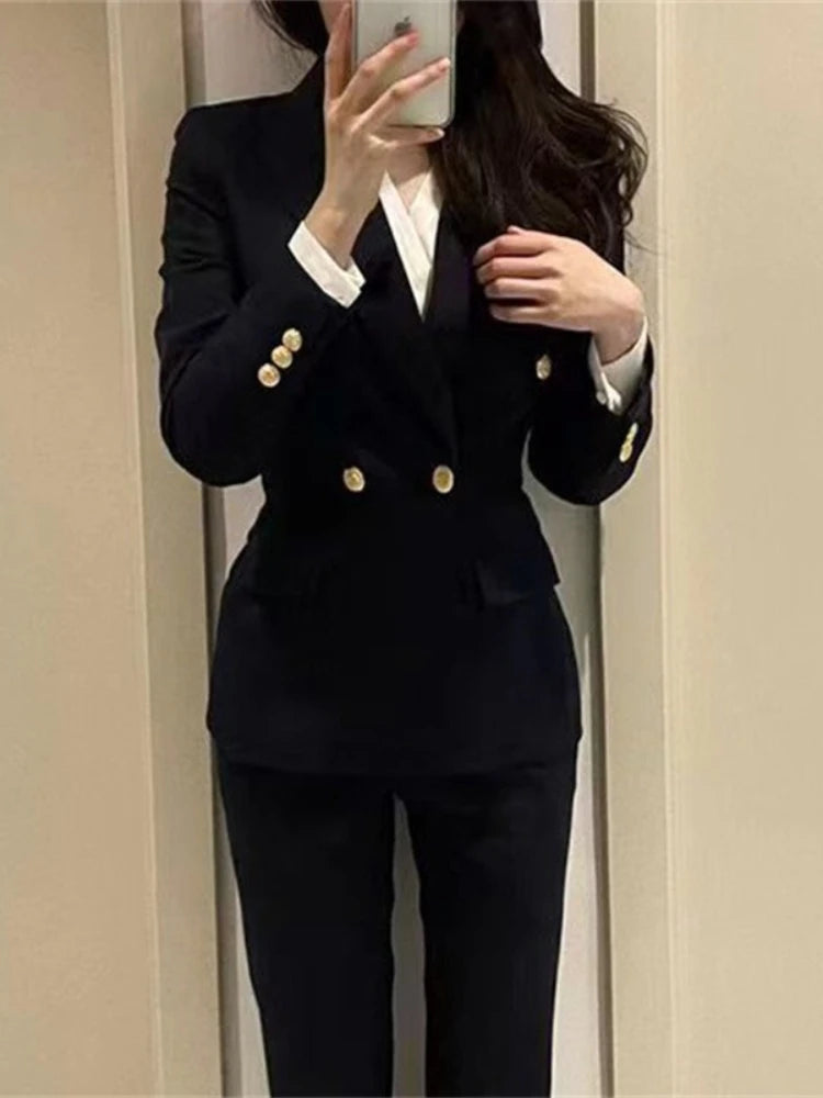 Marineblau-schwarzer modischer Damen-Hosenanzug, langärmliger, einfarbiger Damen-Blazer und Hose, formelles 2-teiliges Set für Herbst und Winter