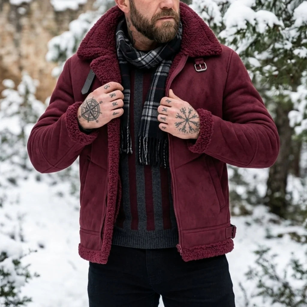 Herren-Winterjacke aus Kunstwildleder mit Fellkragen |   Winddichter Streetwear-Mantel mit Gürtel und Reißverschluss |   Dicke, warme Wanderkleidung für den Außenbereich, weich, für Herren