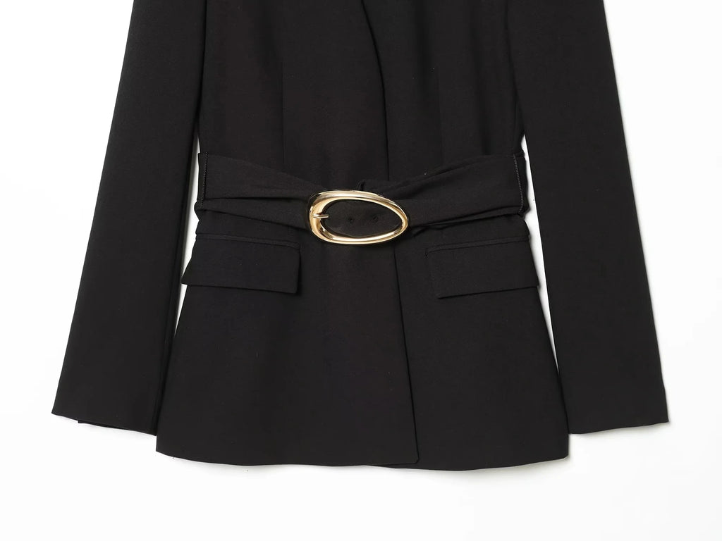 KONDALA Vintage Büro-Damenanzug Schwarz Einfarbig V-Ausschnitt Gürtel Taschen Blazer Lose Reißverschluss-Hose Mode 2026 Lässige Damen-Sets