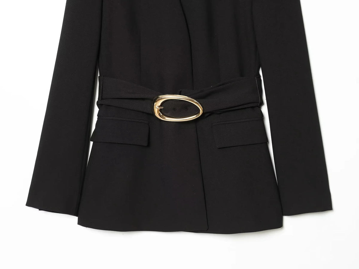 KONDALA Vintage Büro-Damenanzug Schwarz Einfarbig V-Ausschnitt Gürtel Taschen Blazer Lose Reißverschluss-Hose Mode 2026 Lässige Damen-Sets