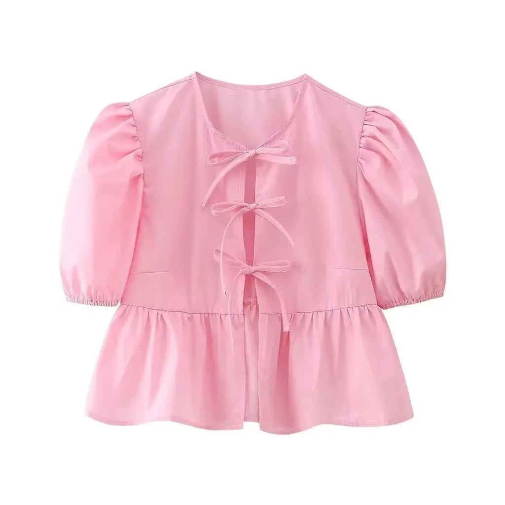 Elegante Damen-Bluse mit Kurzen Puffärmeln und Schleife, Lässiges Mode-Wochenend-Shirt, High-Street-Hemd, Party- und Strand-Oberteil, Schlanker Schnitt