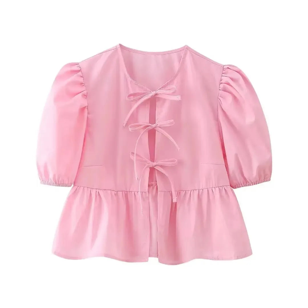 Elegante Damen-Bluse mit Kurzen Puffärmeln und Schleife, Lässiges Mode-Wochenend-Shirt, High-Street-Hemd, Party- und Strand-Oberteil, Schlanker Schnitt