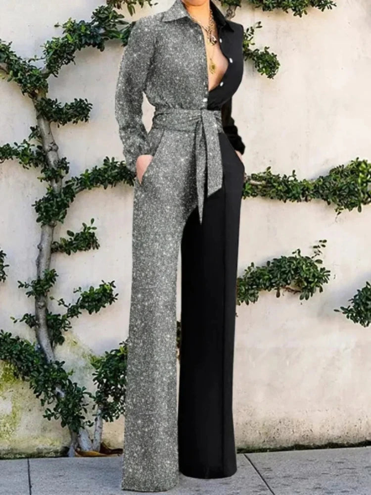 2026 Neuer Damen-Jumpsuit: Modischer V-Ausschnitt, sexy Einteiler mit weitem Bein, glänzende elegante Party-Romper, schicke Freizeit-Bodysuits für Damen