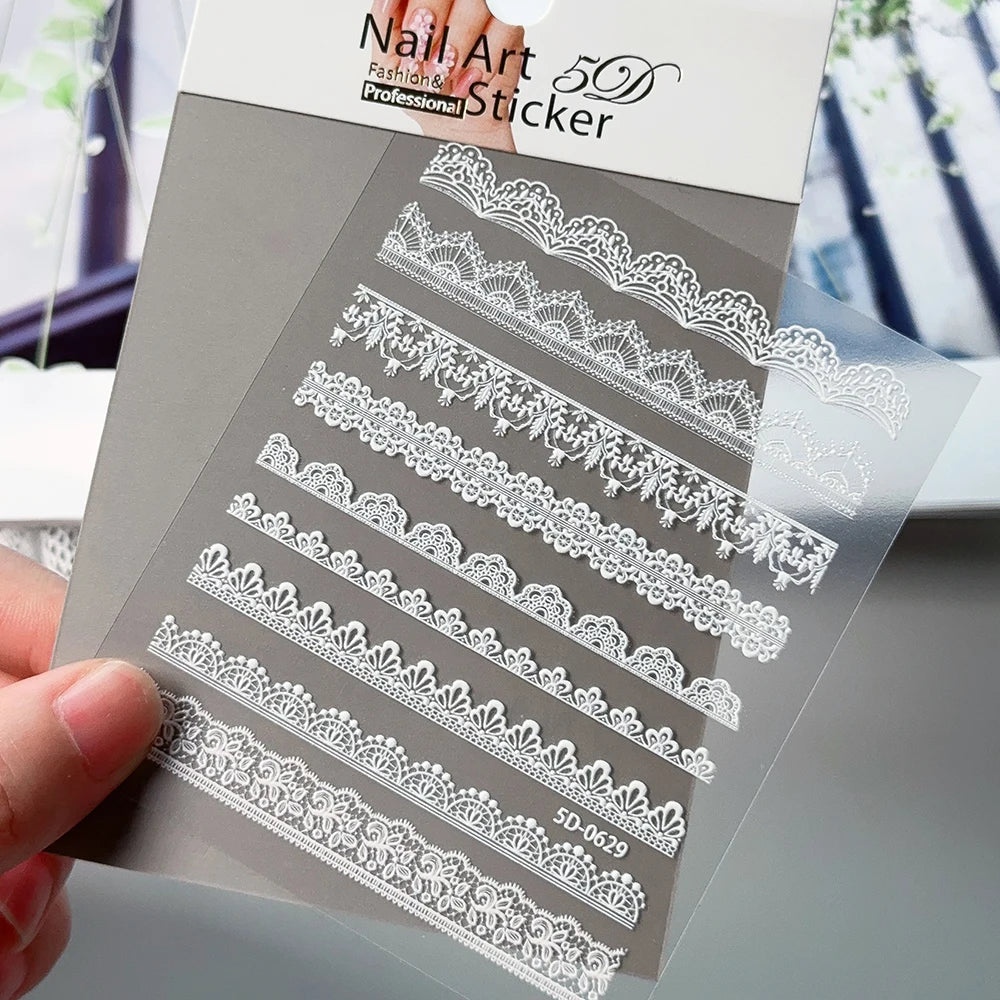 5D Relief Weiße Spitze Nagel Aufkleber Elegante Hohle Spitze Französisch Nagel Aufkleber Selbstklebende Hochzeit Spitze DIY Maniküre Liefert $ # TY3