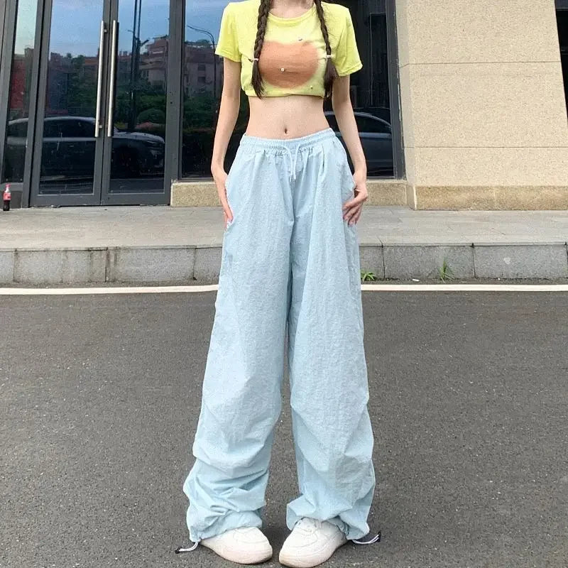 Leichte Dünne Fallschirm Hosen Frauen Kordelzug Hohe Taille Cargo Hosen Frau Harajuku Streetwear Breite Bein Baggy Jogginghose