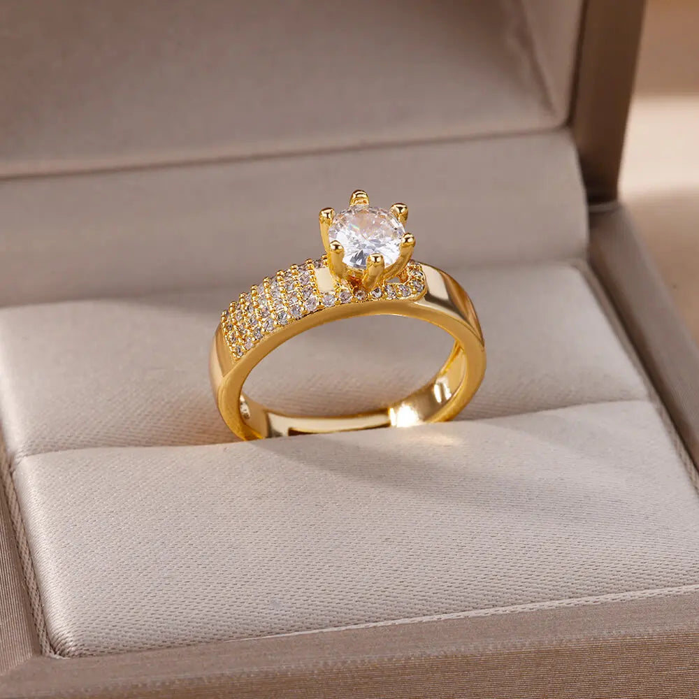 Edelstahl Runde Ringe Für Frauen Zirkon Geometrische Gold Farbe Kristall Ring Ästhetischen Hochzeit Schmuck Geschenk Bague Femme
