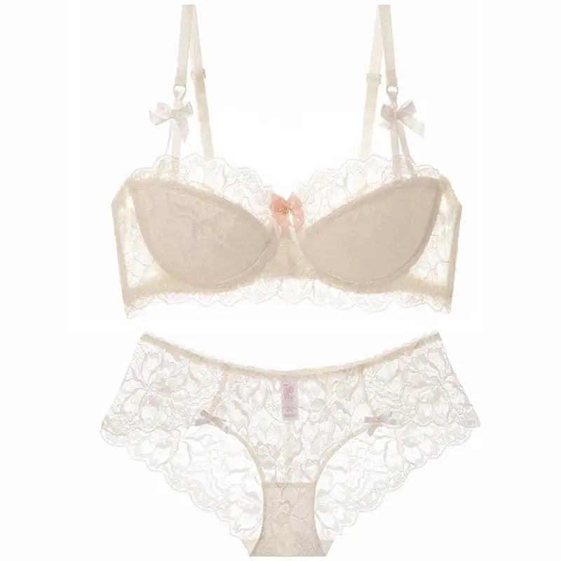 Sexy Push-up-BH-Set aus französischer Spitze für kleine Brüste, Anti-Durchhänger-Dessous-Set mit halben Körbchen und Höschen, durchsichtige verstellbare Träger