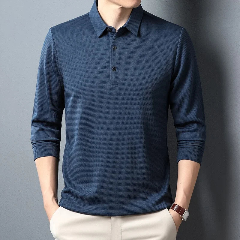 Neues Herren-Business-Mode-Casual-Langarmshirt, einfarbiges Poloshirt, modisches, atmungsaktives, bequemes, vielseitiges Oberteil