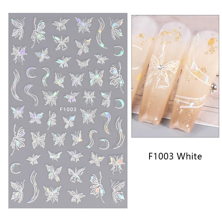 1PCS Schwarz Weiß Schmetterling Laser Nagel Aufkleber Y2K Nail art Dekoration Abstrakte Linien Bronzing Blumen Aufkleber Für Nägel