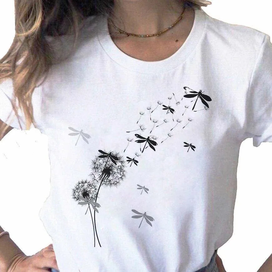 Neue Löwenzahn gedruckt Frauen T-Shirt Cartoon Grafik gedruckt schwarz Damen T-Shirt lässig Frau Shirt lustige T-Shirts