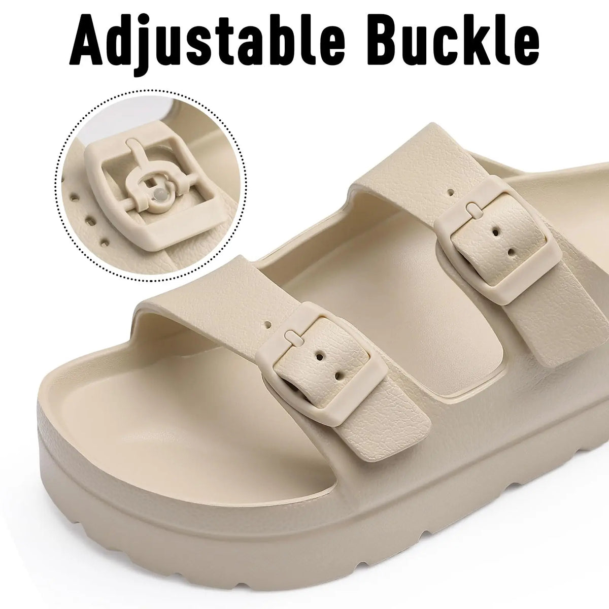 Comwarm Damen-Plateausandalen mit Fußgewölbeunterstützung, Sommer-Strand-Slipper, dicke Sohlen, flache Slip-On-Sandalen mit verstellbarer Schnalle