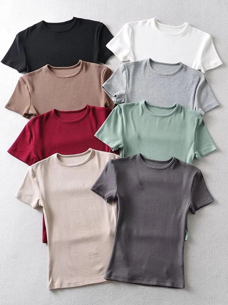 Casual Sommer Frau Skinny Fit T-shirt Enge Kurzhülse O-ansatz T Grundlegende Solide Crop Tops T Shirt