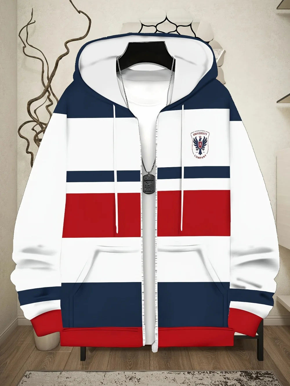 Lässiges, gestreiftes Herren-Sweatshirt mit Kapuze und durchgehendem Reißverschluss, Outdoor-Kleidung, glatte Kapuzentaschen mit Kordelzug, einfache gestreifte Sportbekleidung für Herren