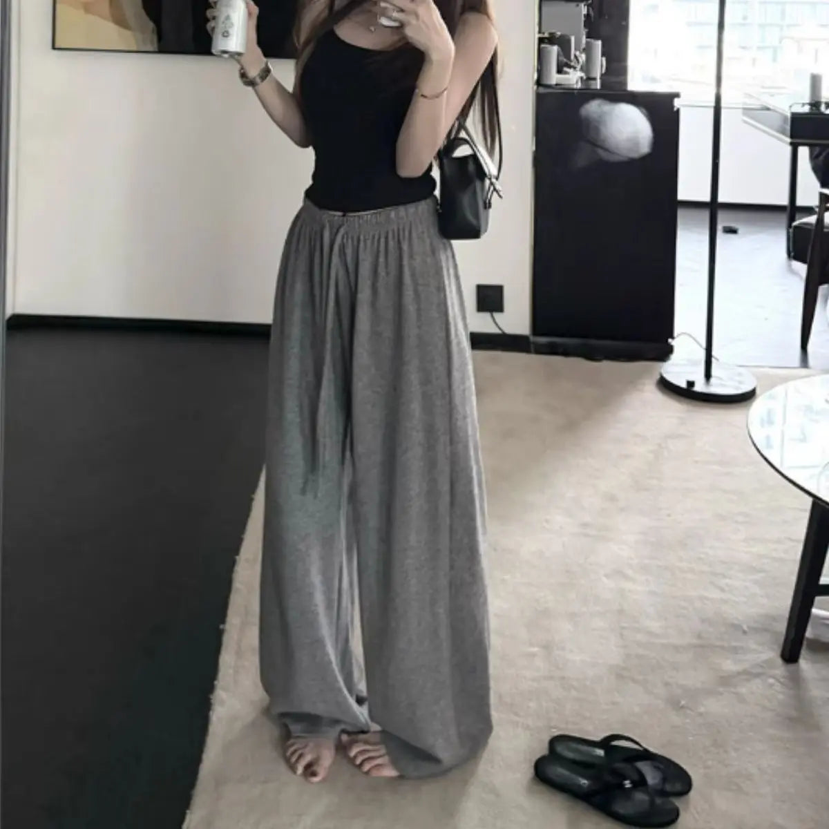 Damen Casual Weite Hose Einfarbig Modisch Elastischer Bund Kordelzug Jogginghose Amerikanische Sweatpants Street Koreanische Hose