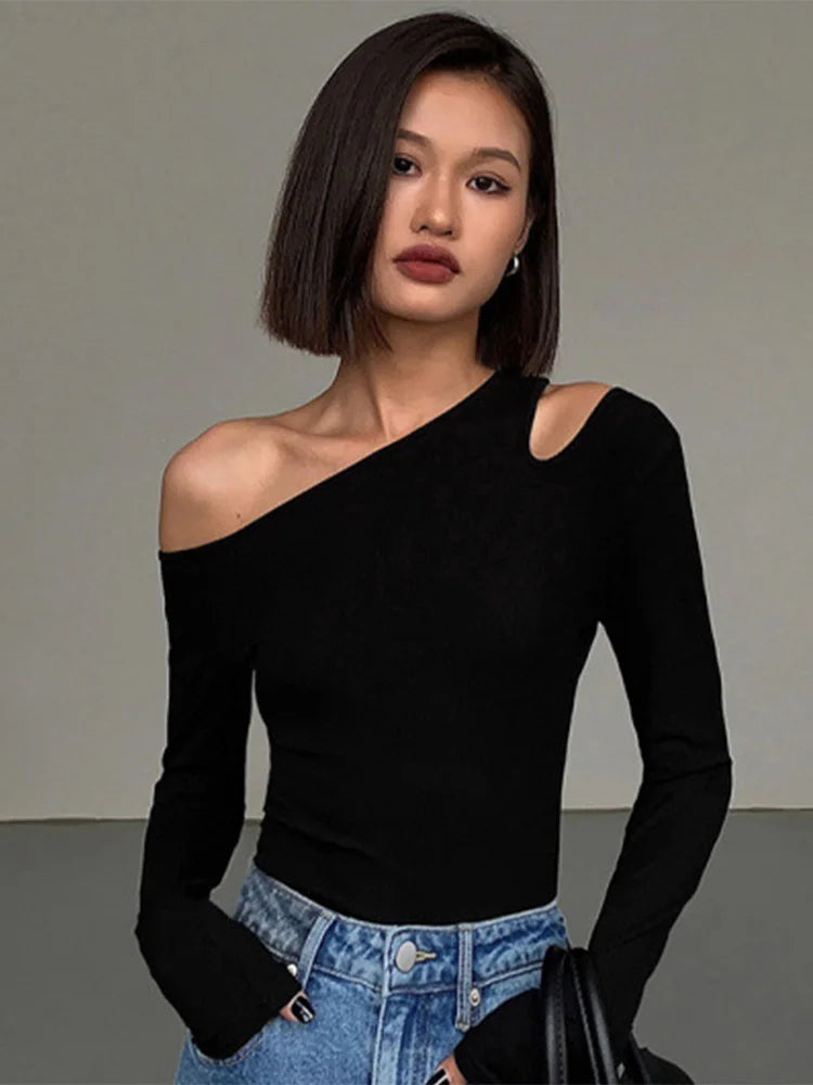 Mode Skew Kragen Off-schulter Lange-ärmeln T-shirts Frauen Frühjahr Neue Solide Slim Fit Crop Top Sexy Aushöhlen tees Shirts