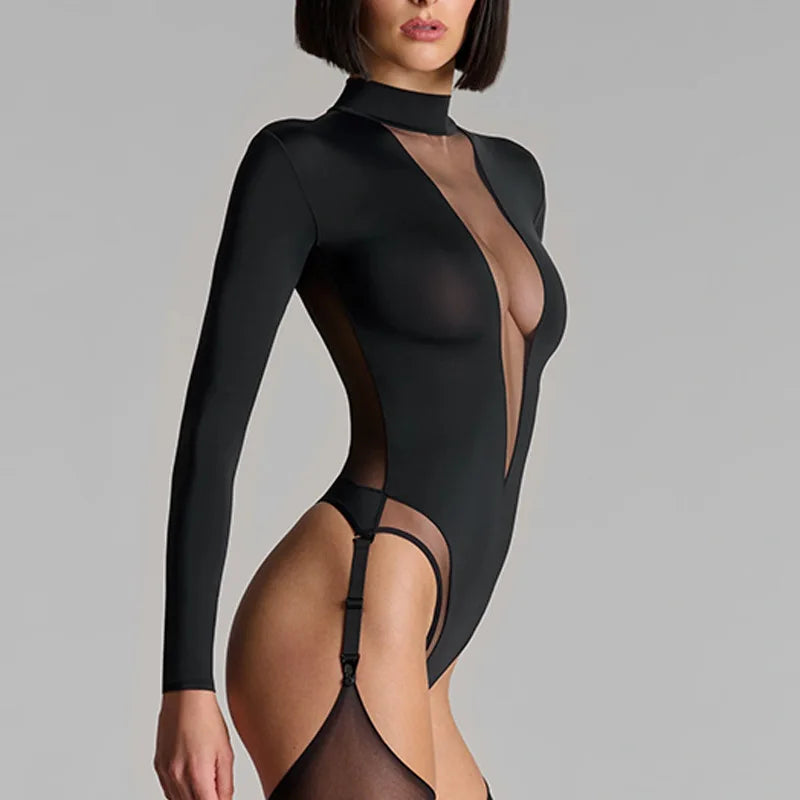 Damen Sexy Tiefer V-Ausschnitt Langarm Mesh Patchwork Jumpsuit Lässige Frühling Sommer Mode Kleidung
