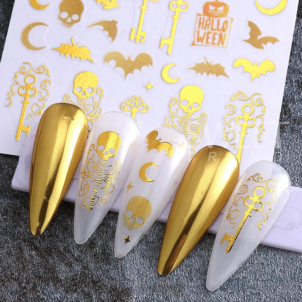 3 Stück Halloween Nagelaufkleber Goldenes Skelett Kürbis Fledermaus Schlüssel Nagelaufkleber y2k Stern Punk Gothic Nagelzubehör Maniküre Dekoration