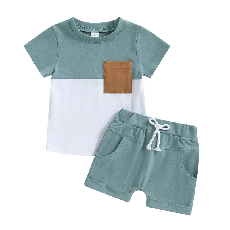 Kleinkind Kleinkind Baby Jungen Sommer Kleidung Sets Kurzarm Kontrast Farbe Tops + Einfarbig Kordelzug Shorts 2 stücke Outfit