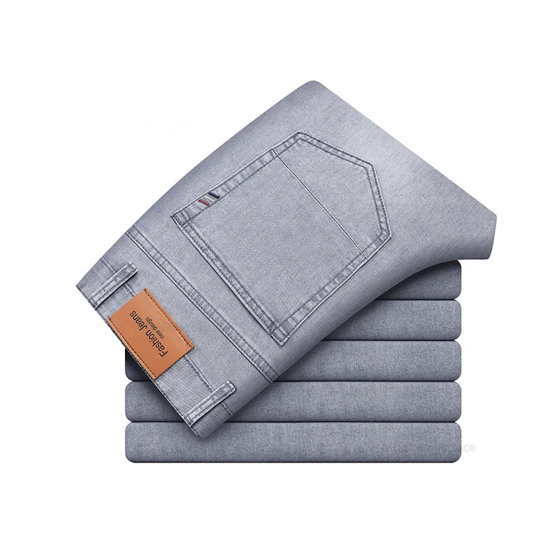 Sommer Dünne männer Baumwolle Jeans Neue Mode Grau Elastische Gerade Business Casual Hosen Bequeme Marke Hosen