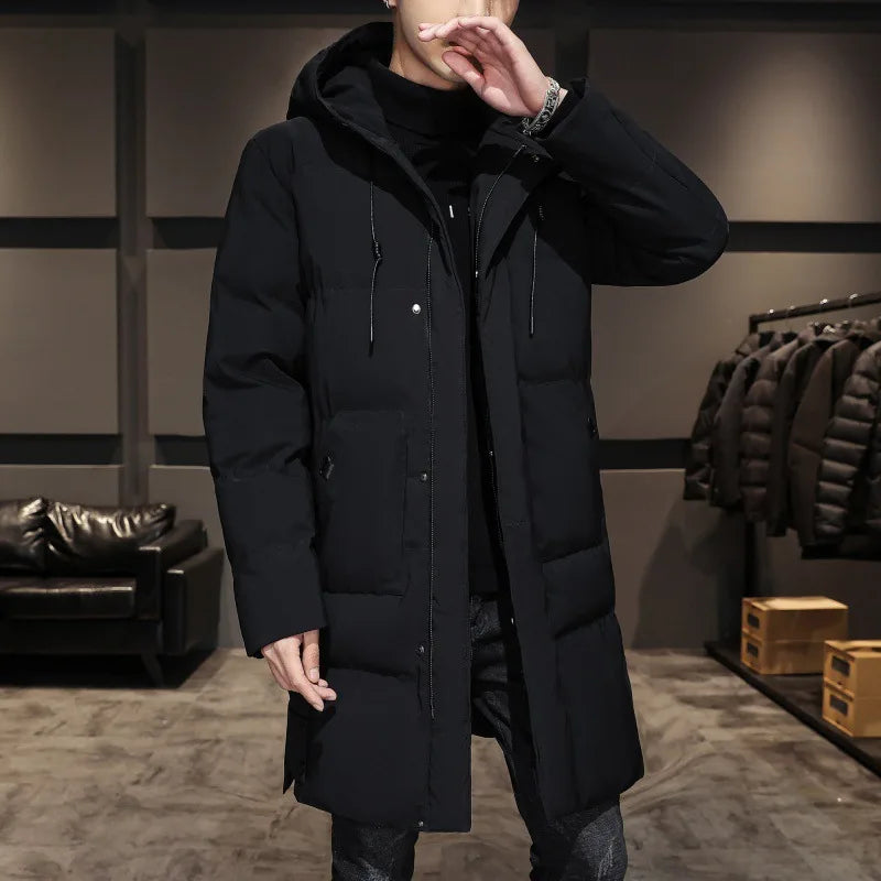 2025 Winter Mann Unten Jacke Einfache Feste Farbe Kalt-beweis Männliche Oberbekleidung Mittlere Länge Lange Sleeve Zipper Täglichen männer Mit Kapuze Mantel