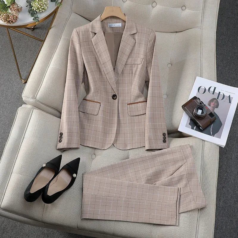 Plus Size Apricot Plaid Blazer Anzüge Britischer Stil Fähige Modische High-End-Berufskleidung OL Kleidung Damen Anzüge