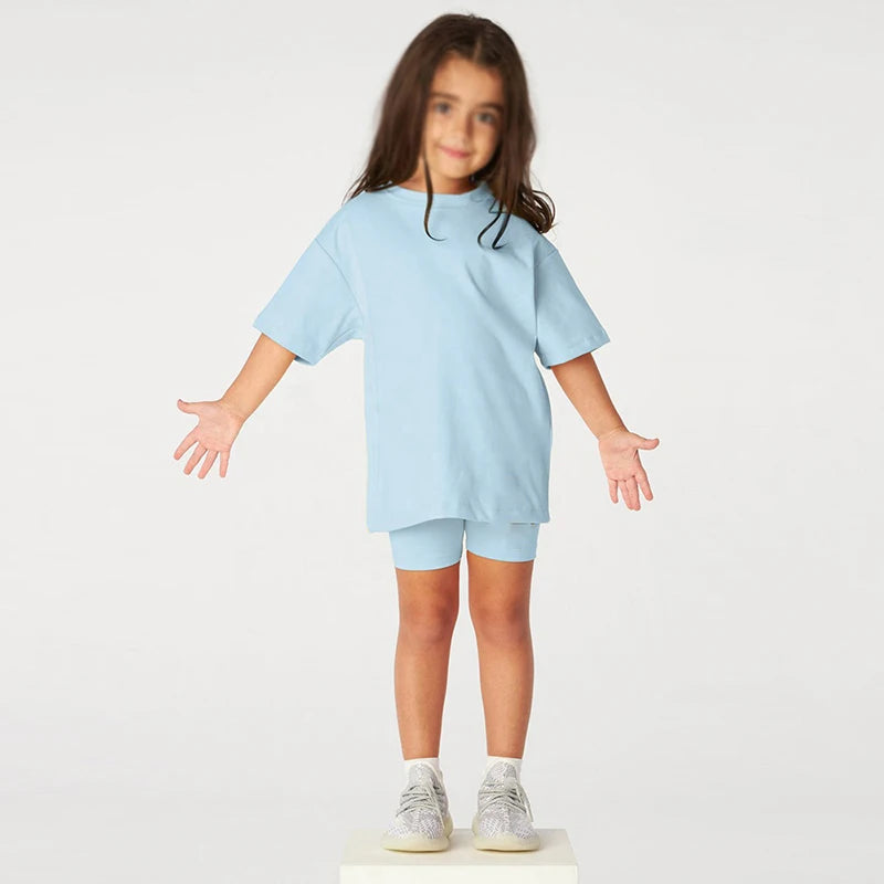 Neuheit Kleine Kinder Baby Mädchen Kleidung 2 Stück Trainingsanzug Set Übergroßen Kurzarm Baumwolle T-shirt + Leggins Shorts Sport Anzug