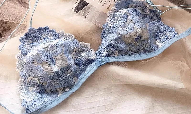 Französisches Nischen-Dessous-Set, besticktes Netz, Dreieck-Cup, kabelloses Bralette, Retro-Spitze, dünn, sexy, bequemer BH, USA Tushy MOYISU