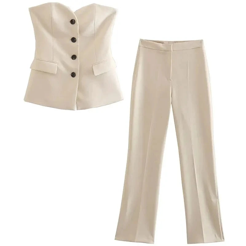 2024 Damen-Hosen-Set, einreihige Tasche, trägerlos, schmales Röhrenoberteil + wilde Damen-Hose mit geradem, weitem Bein und langer Hose, Straße