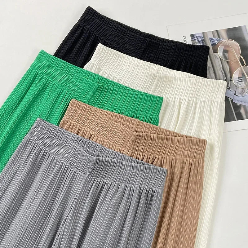 2025 Korea Dongdaemun Eis Seide Breite bein Hosen frauen Dünne Abnehmen Boden Hosen Weiß Gestreiften Hosen Y2K Mode hosen Baggy