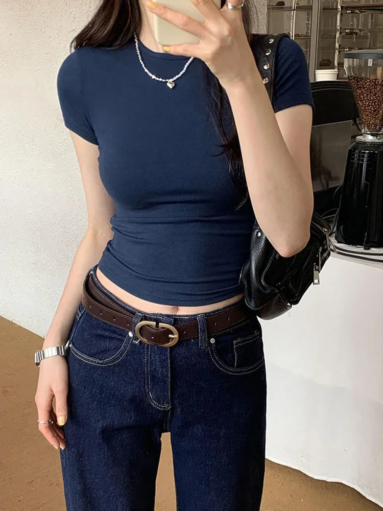 Damen Basic Solid Crop Top Kurzarm Rundhals Skinny T-Shirt Sommer Casual Y2K Vintage Harajuku Streetwear