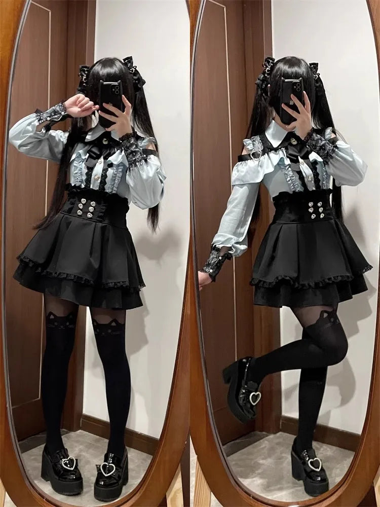 Damen-Lolita-Set, dunkles Femme-Mesh-Oberteil und Taillenrock, 2025, japanischer Herbst-Street-Style-Koord für Gothic-Baddie-Mode