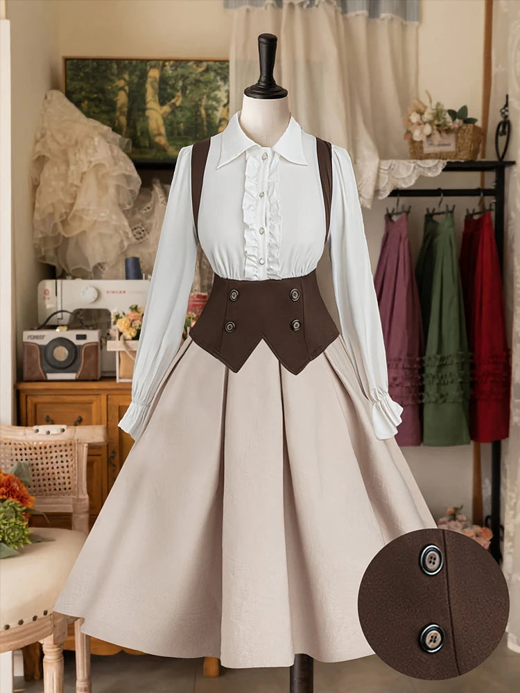 Limitierter Ausverkauf Plus Size Damen-Retro-Rüschenhemd mit hoher Taille, zweiteiliger Anzug, britischer Knopfweste, A-Linien-Rock