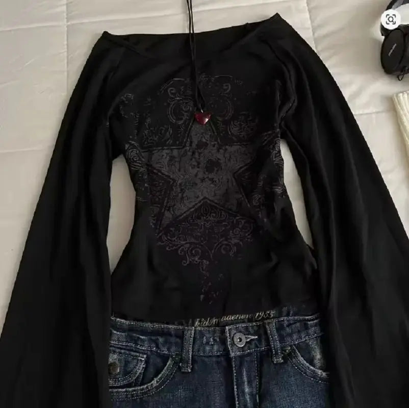 Y2K Grunge Emo Muster Top Herbst E-Girls Millennium Style Damen Ästhetisches Gothic Stern bedrucktes lockeres Langarm-T-Shirt