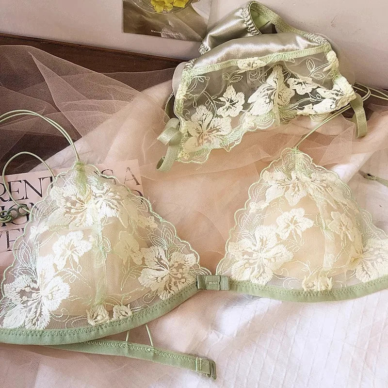 Französisches Nischen-Dessous-Set, besticktes Netz, Dreieck-Cup, kabelloses Bralette, Retro-Spitze, dünn, sexy, bequemer BH, USA Tushy MOYISU