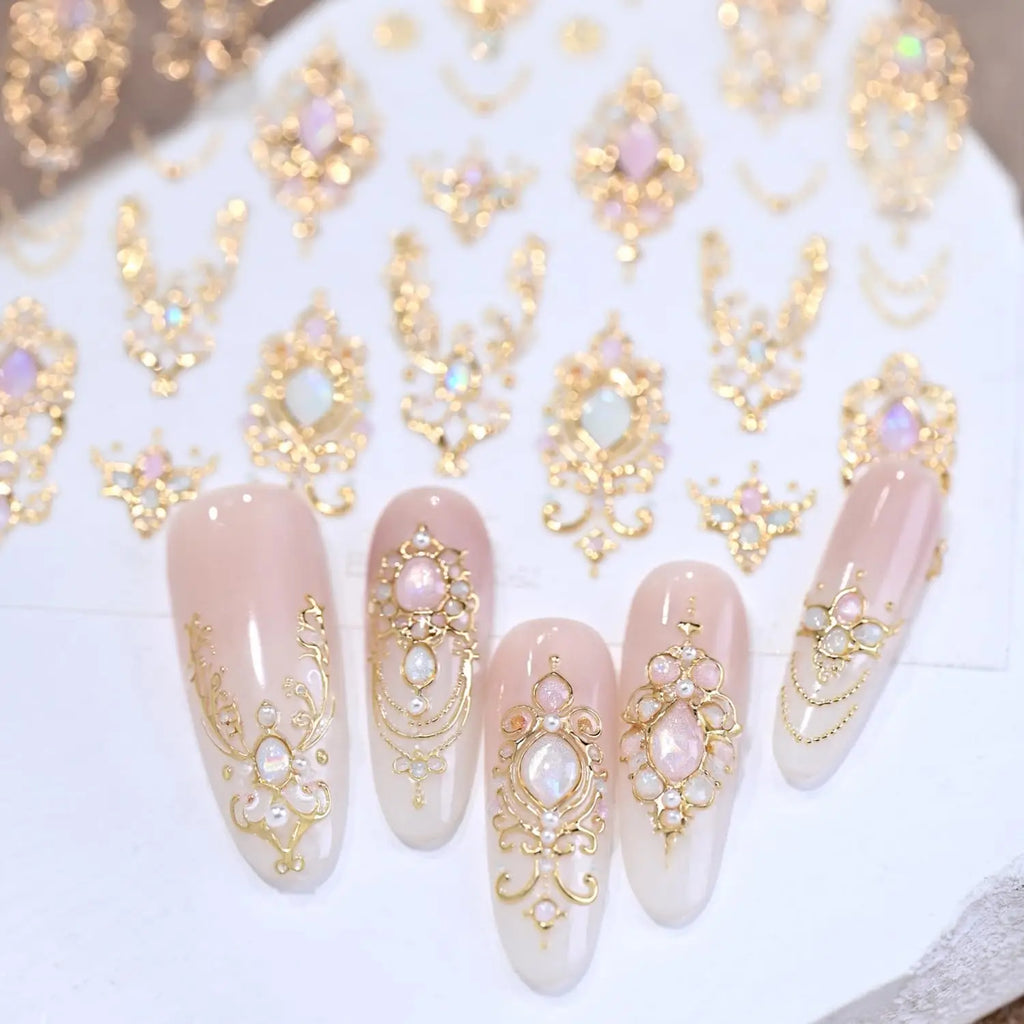 1 Stück 5D geprägte Gold rosa Diamant Halskette Nagelaufkleber Vintage Barock Zepter Nagelaufkleber selbstklebende Nägel Kunstdekoration