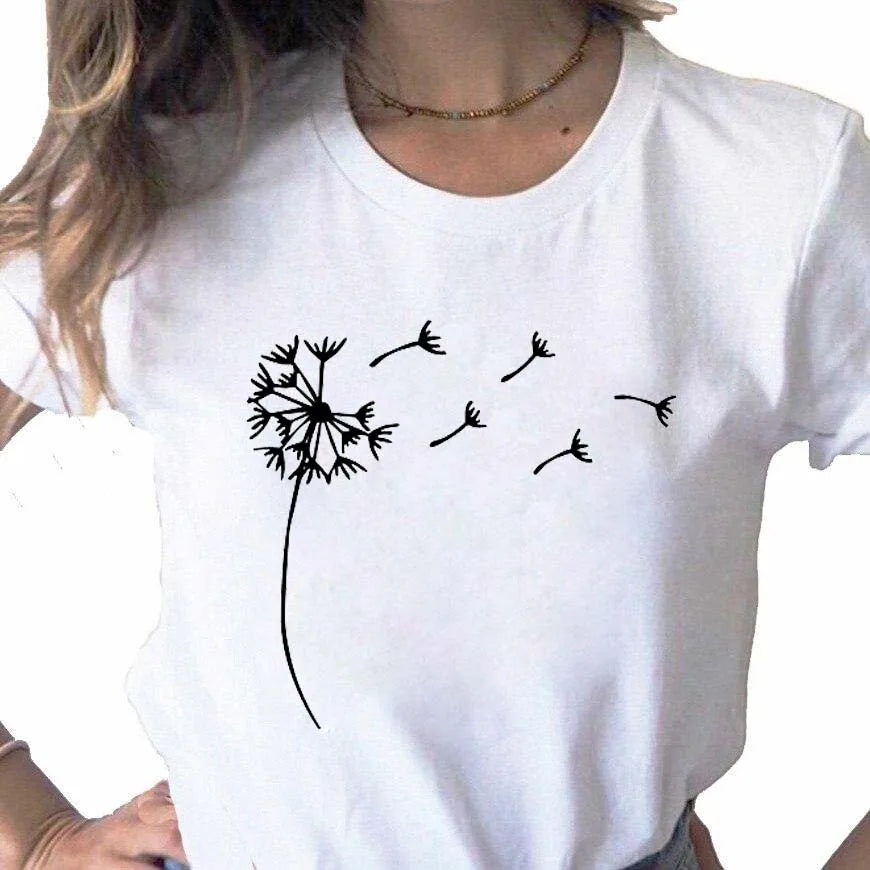 Neue Löwenzahn gedruckt Frauen T-Shirt Cartoon Grafik gedruckt schwarz Damen T-Shirt lässig Frau Shirt lustige T-Shirts