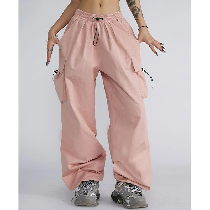 Große Größe Weibliche High Street Cargo Hosen Dame Baggy Hohe Taille Gerade Bein Hosen Mädchen Klassische Mode Kordelzug Hosen