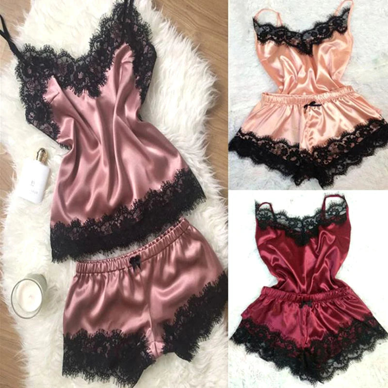 Mode Nachtwäsche Spitzen besatz Satin Cami Top Pyjama Sets sexy heiße erotische Home Wear Frauen Pyjamas Frauen Nachtwäsche ärmellosen Riemen