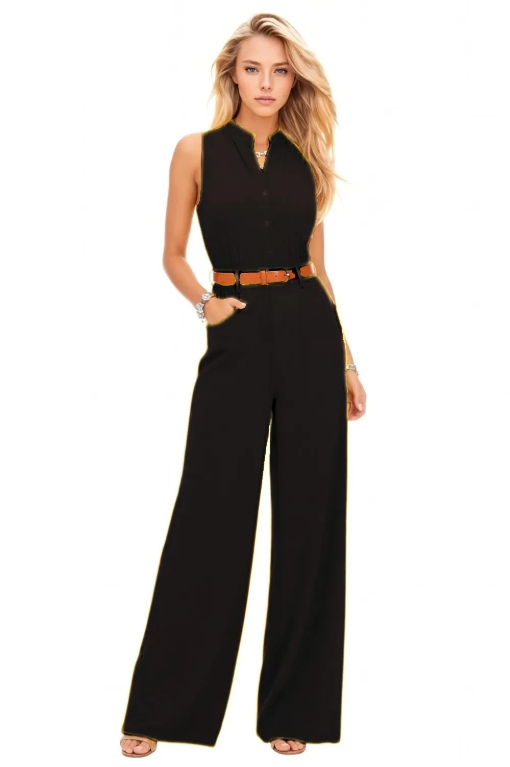 Damen Sommer-Jumpsuit Ärmellos Tiefer V-Ausschnitt Weites Bein Jumpsuit Romper Mit Gürtel