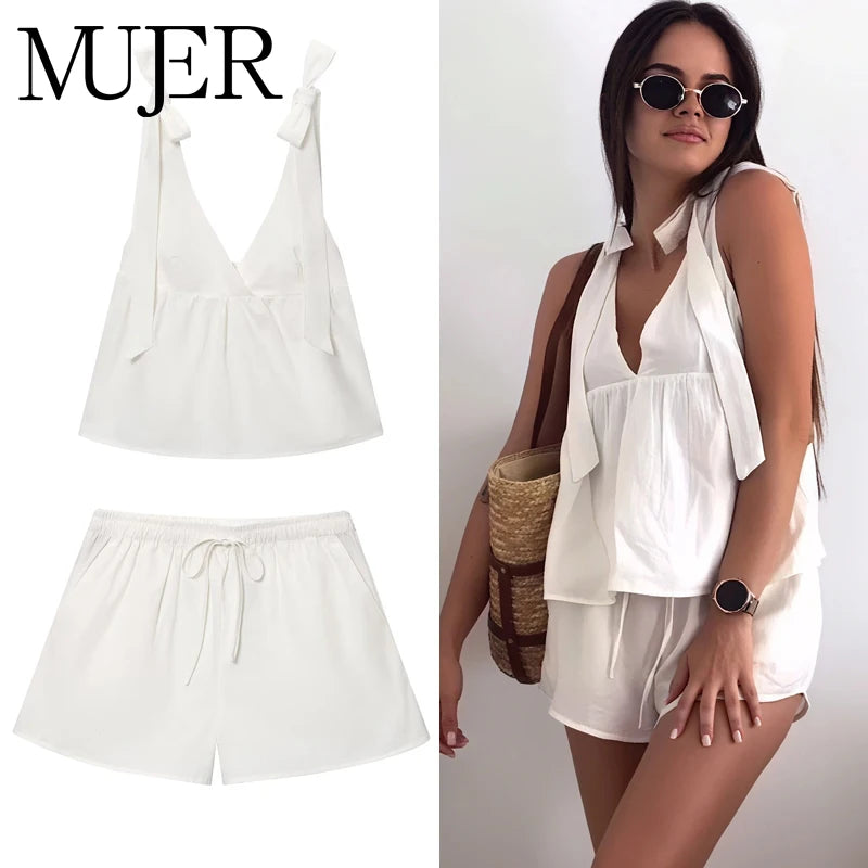 MUJER Weiße Mini-Shorts-Sets für Damen, 2-teilig, gerüscht, mittlere Taille, Damen-Shorts, Anzug, rückenfreies Oberteil, Urlaubs-Outfits, Damen-Sets