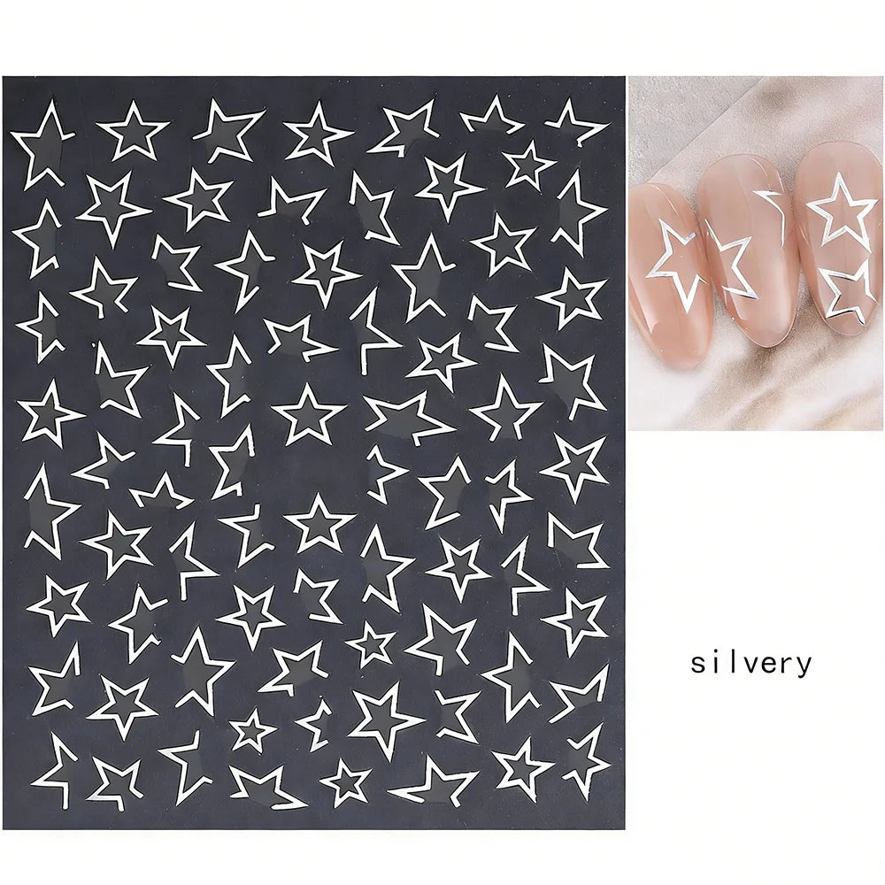 5D Silber Glitzer Stern Französischer Nagelaufkleber Schwarz Rosa Y2K Punk Hohler Fünfzackiger Stern Selbstklebender Aufkleber Maniküre-Dekoration