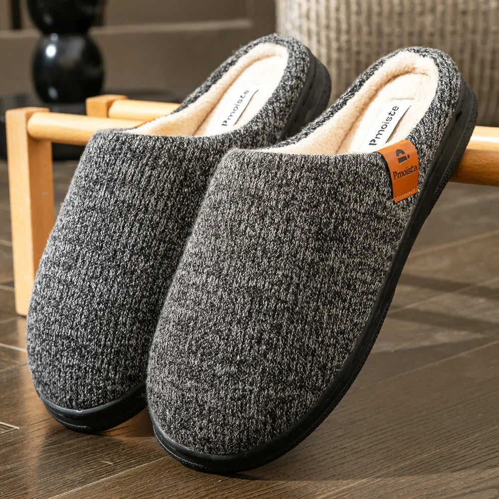 Memory Foam Cushion Hausschuhe Herren Wildleder TPR Sohle Plattform Warm Weich Rutschfest Streifen Bequeme Innenschuhe Gestrickt